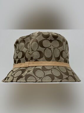 Coach Signature Monogram Canvas Bucket Hat Khaki Tan Brown Leather Petite Small